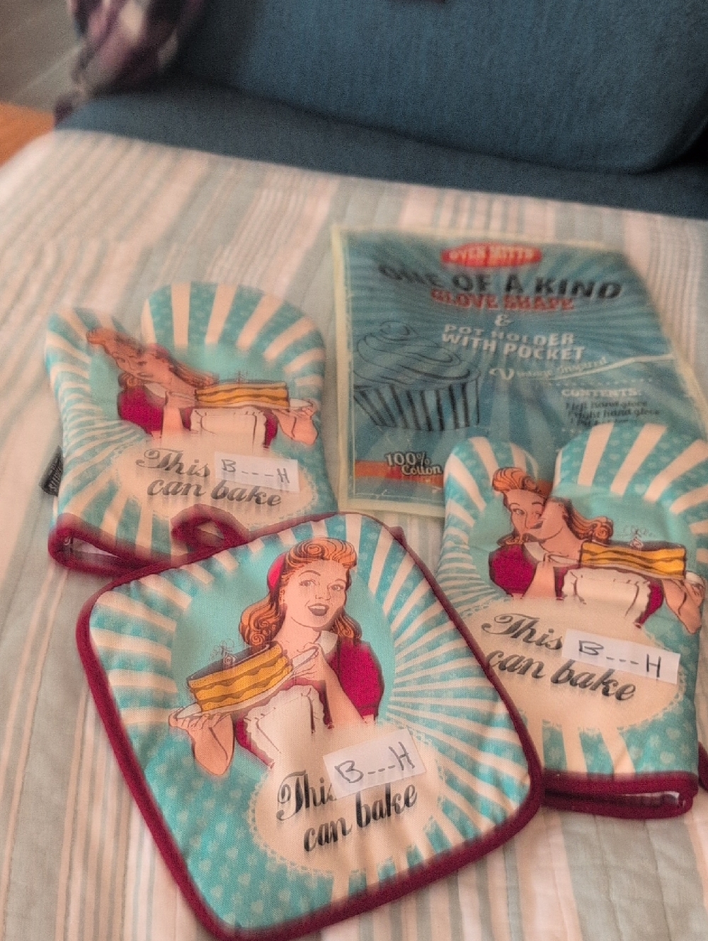 Retro Baking Oven Mitt and Pot Holder Set - Teal & White."This B- Word Can Bake"